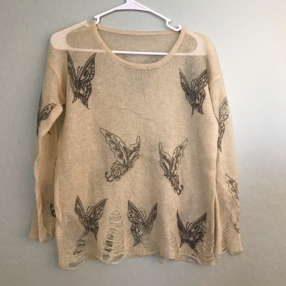sheer long sleeve top with butterfly designs